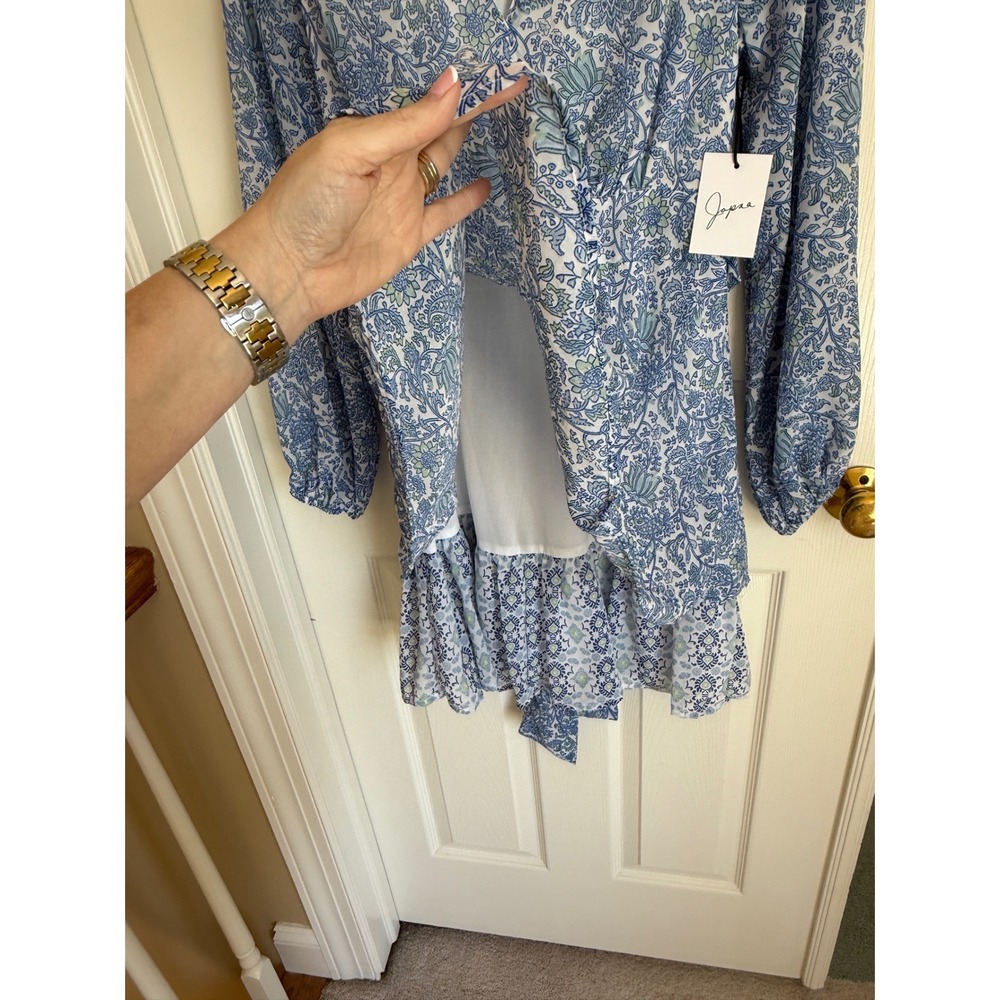 Japna Blue Floral V-Neck Ruffle Mini Dress Long Balloon Sleeve NWT‎ Medium - Picture 5 of 7